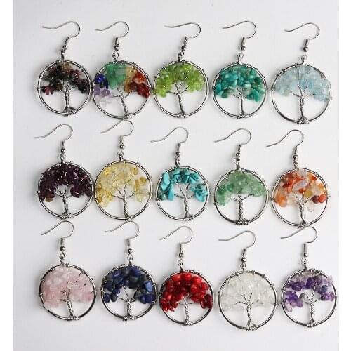 BAYUEBA Womens Natural Multicolor Gems Stone Tree of Life 30mm Dangle Round Pendant Copper Hook Earrings 5 Pairs Wholesale