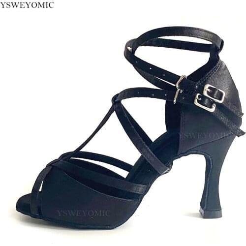 Black Satin High Quality Thicker Insole Salsa Dance Shoes Customized Color Heels 7cm Latin Dance Shoes Outdoor and Indoor