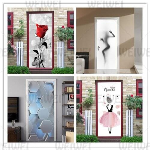 Door Sticker Fragrant Rose Girl Abstract Scenery Vinyl Adhesive Waterproof Removable Wallpaper Poster Mural Decals Porta Decor