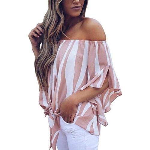 JYConline Elegant Women Striped Off Shoulder Blouse Shirts Chiffon Sexy Waist Tie 2018 Flare Sleeve Tops Slash Neck Loose Shirt