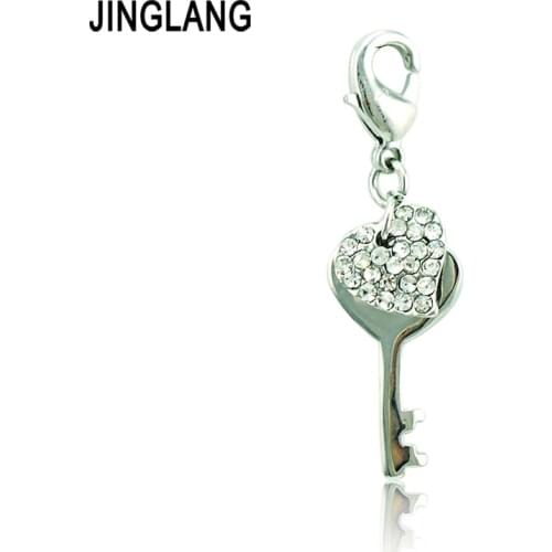 JINGLANG Classic Lobster Clasp Charms Dangle Key Rhinestone Heart Pendant Chamrs For Necklace Jewelry Making Accessories