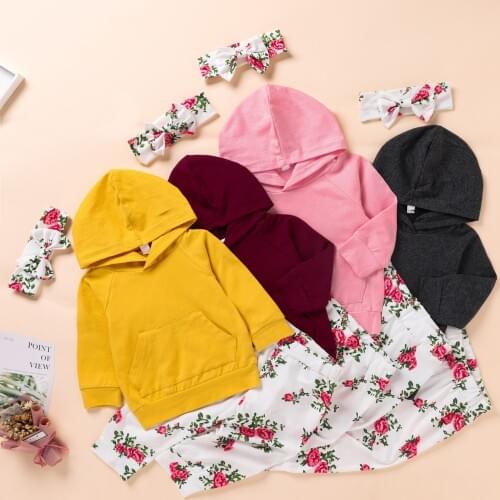 New Spring Fall Winter Baby Girl Clothes Set Fashion 2 Pieces Solid Long Sleeve Hoodies Sweater Tops+floral Print Trousers 0-18M