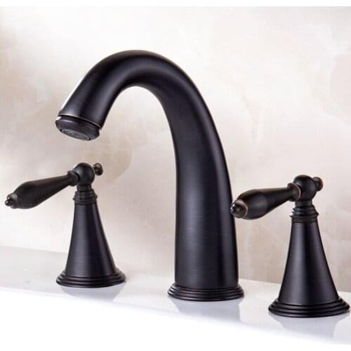 Black Oil Rubbed Brass Two Handle Deck-Mount Three Hole Widespread Bathroom Lavatory Vessel Basin Faucet Sink Mixer Tap dhg081