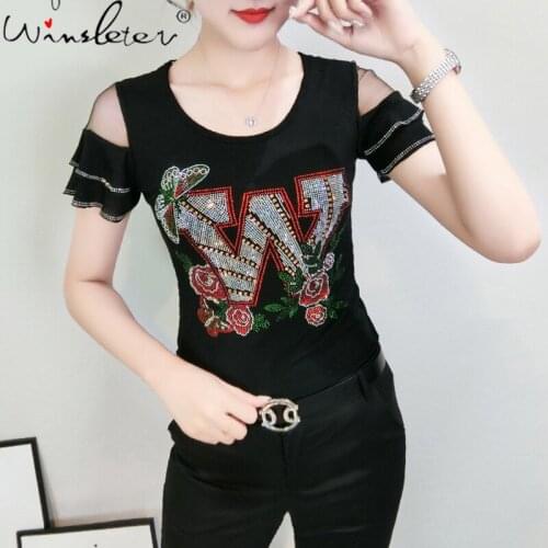 Summer Korean Clothes T-shirt Chic Diamonds Patchwork Mesh Ruffles Women Tops Ropa Mujer Sexy Back Bottoming Shirt Tees T07302