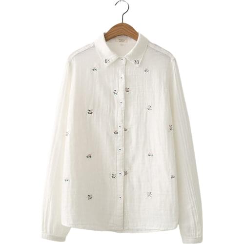 2021 Summer New 100% Cotton Mesh Women Blouse White Embroidery Lady Slim Shirts Flower Turn-Down Collar Outwear Tops