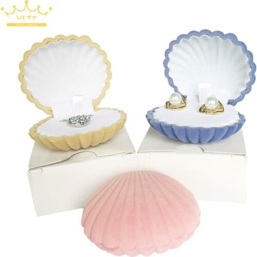 Wholesale Shell Shape Lovely Velvet Wedding Engagement Ring Box For Earrings Necklace Chain Jewelry Display Gift Box 50pcs/lot