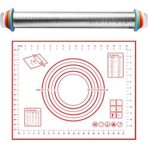 Portable Rolling Pin Silicone Pastry Mat Set Stainless Steel Dough Roller With 4 Thickness Rings Rolling Pin Kneading Pad Set
