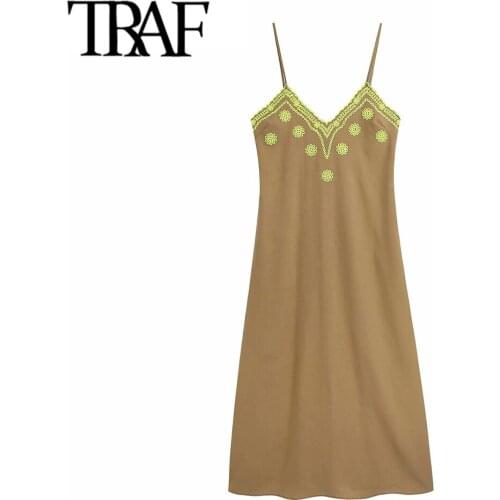 TRAF Women Fashion Hollow Out Embroidery Linen Midi Dress Vintage Backless Thin Adjustable Straps Female Dresses Mujer