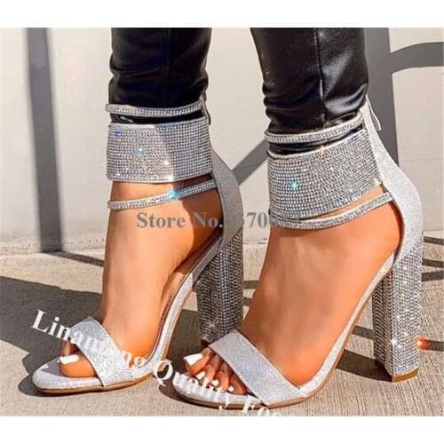 Linamong Luxurious Bling Bling Open Toe Ankle Rhinestone Straps Chunky Heel Gladiator Sandals Back Zipper-up Crystal Heels