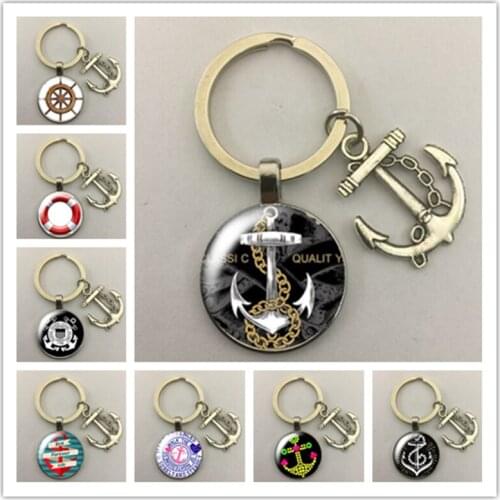 Compass Rudder anchor navigation lighthouse glass cabochon keychain Bag Car key chain Ring Holder Charms keychains for Gifts