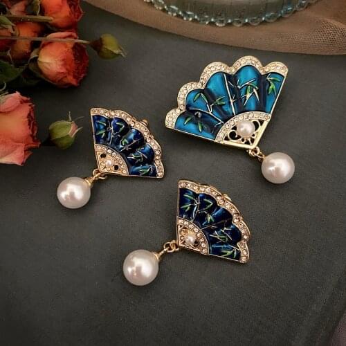 Jewelry retro Chinese fan Brooch drop glaze enamel 925 pin Earrings simple and versatile woman