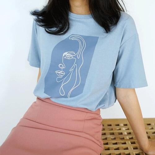 T-shirts Character Printing Women Tops Solid Color Summer white Cotton Tops Tees women clothing White Tees 9947