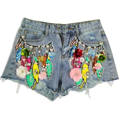 Diamond Womens Beads Denim Summer Casual Loose Wide Leg Handmade Embroidered Flower Lady Jeans Shorts High Quality