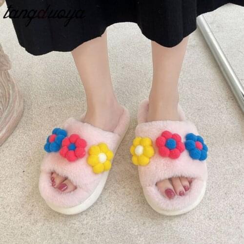 2021 New Women Fur Slippers Winter Slides Fluffy Furry Sandals Woman Flip Flops Home Slippers Hot Ladies Plush Shoes size 41
