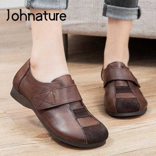 Johnature Spring/Autumn Flats Women Shoes 2021 New Genuine Leather Hook & Loop Handmade Concise Shallow Leisure Ladies Shoes