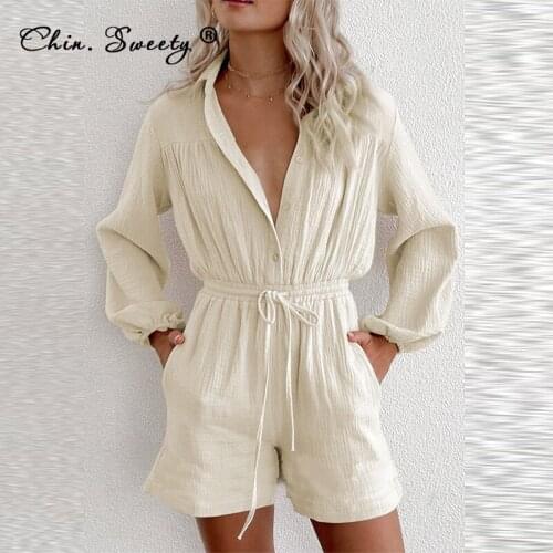 Womens Solid Long Sleeve Loose Playsuits 2021 Autumn New Drawstring Lace Up Pocket Basic Clothes Female Casual Fashion Playsuit