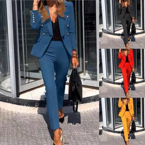 Women Jacket Blazer Suit Fashion Casual Ladies Solid Color Two Piece 2021 Autumn Winter Office Wear Elegant Suit Jacket Pants