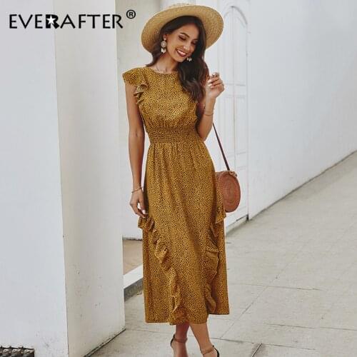 EVERAFTER Elegant leopard print women ruffles sleeveless Elastic high waist long dress summer casual holiday ladies maxi dress