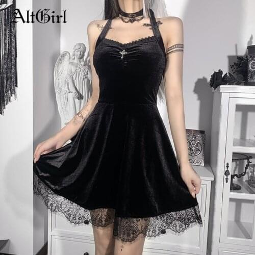AltGirl Gothic Black Velvet Dress Women Punk Mall Goth Halter Cross High Waist Lace Patchwork Dress Fairy Aesthetic Y2k Clubwear