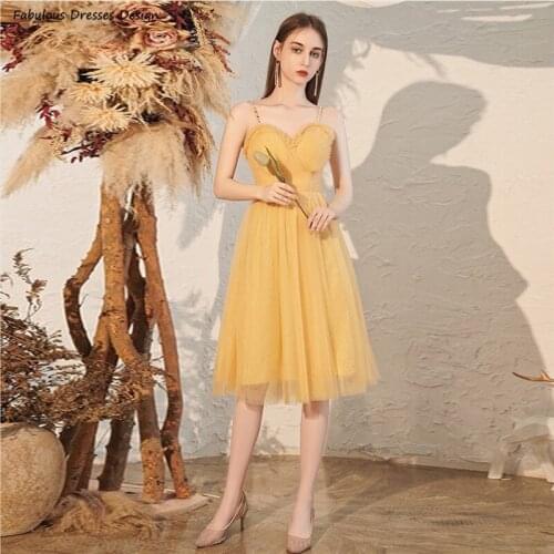 Gold Yellow Short Bridesmaid Dresses Sweetheart Sequin Spaghetti Strap Knee Length Dress For Wedding Guest Gown Tulle A Line