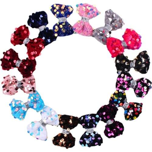 16 Pcs/Lot, 2.36 inch Velvet Sequin Hair Bow Clip, Sparkly Sequin Bow Hairpins, Baby Girls Hair Accessories