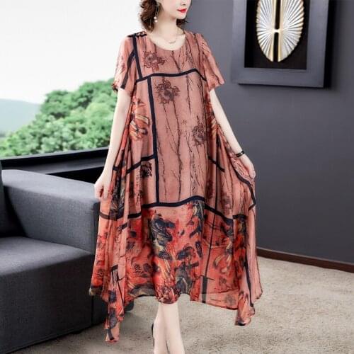 2020 Summer Women Dress Vintage Imitate Silk Print Dress Plus Size Casual Long Ladies A-line Dresses Casual Party Vestidos