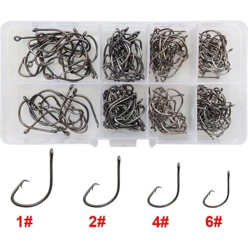170pcs 7381 High Carbon Steel Fishing Hooks Black Wide Gap Offset Sport Circle Bait Fishing Hook Set With Box