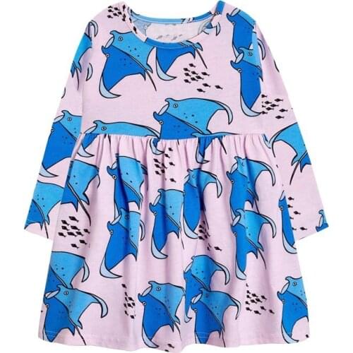 Kids Girls Flying Rays Print Dress 2021 New Arrival Children Fish Printed Dresses Princess Autumn Winter Pink Dress Age for 2-7Y