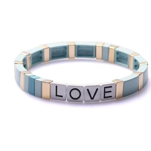 LOVE Enamel Tile Bracelet Metal Beaded Stretch Bracelet Geometric Stackable ColorBlock Strand Bracelet Friendship Women Girls