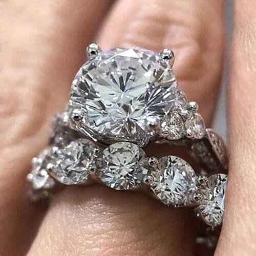 Huitan Luxury Round Cubic Zirconia Crystal 2Pcs/Set Rings for Women High-quality Silver Color Wedding Stackable Rings Jewelry