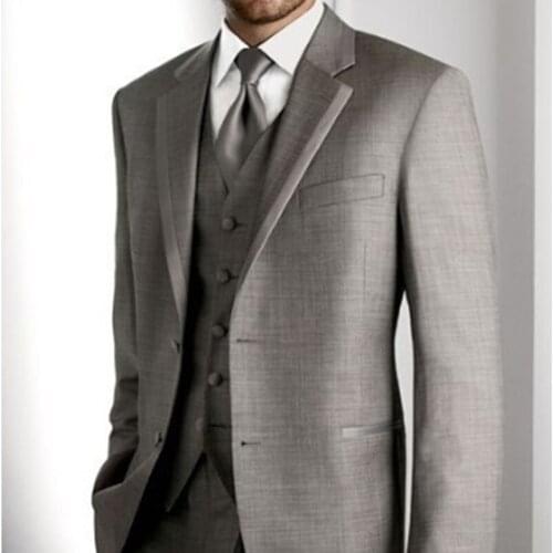 Custom Made Light Grey Groom Tuxedos men suit Two Buttons Notch Lapel Three Buttons Mens Wedding Suits (Jacket+Pants+Tie+Vest)