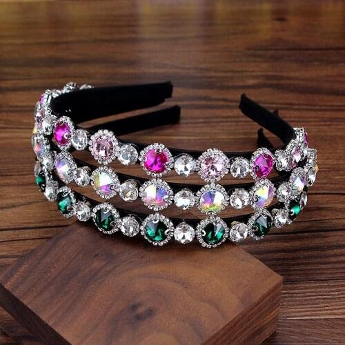 Korea Fashion AB Pink And Green Bling Crystal Round Headbands Rhinestone Bride Hairbands For Women Prom Wedding Hair Jewelry