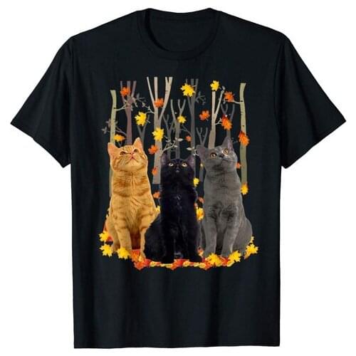 Cat Autumn Forest T-shirt Autumn Heart Tree, Falling Leaf Men Cotton Tee Shirt