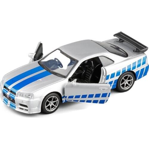 Diecast 1/36 Nissan GT-R R34 Sports Car Alloy Model Metal Pull Back Vehicle Model Toy Decoration Gift Display Ornaments Souvenir