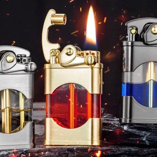 Kerosene Lighter Windproof MetalTransparent Oil Tank Creative Retro Flint Petroleum Lighters Unusual Gift for Men