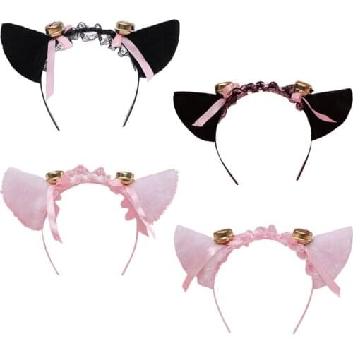 Kawaii Plush Cat Ears Lace Headband Maid Lolita Cosplay Ribbon Bowknot Hair Hoop with Ring Bell Masquerade Headdress