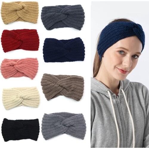 Fashion Winter Warmer Ear Knitted Headband Women Crochet Cross Knot Wide Turban Solid Color Female Hairband Headwrap