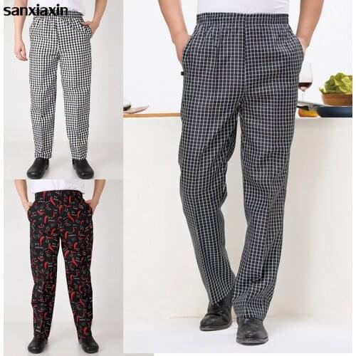 Latest Hotel Chef Waiter Work Pants Elasticated Waist with Pocket Comfortable Breathable Loose Plaid Restaurant Working Pants
