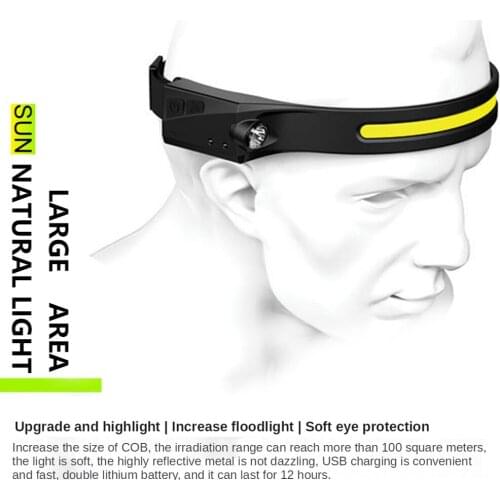 COB LED Headlamp Sensor Headlight with Built-in Battery Flashlight USB Rechargeable Head Lamp Torch 5 Lighting Modes Work Light