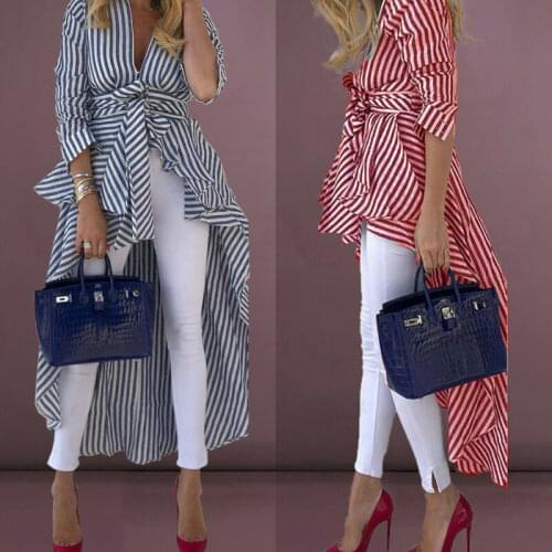 Womens High Low Asymmetrical Shirt Clothes Striped V-Neck Blouse Wide Hem Long Sleeve Dress with Belt Casual Tops