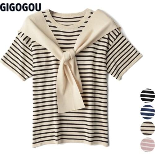 GIGOGOU Striped Women T-shirts With Cape Euro Style O Neck Knitting Crop Tops Women Short Sleeve Stretchy T-shirts Student