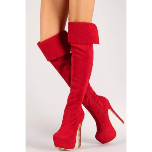Dipsloot New Winter White Red Suede Platform Over The Knee Boots Woman Round Toe Thin Heels Long Boots Plus Size Drop Shipping