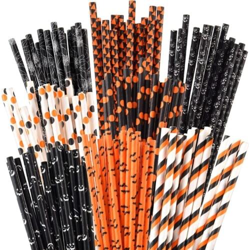 200 pcs Pumpkin Skull Ghost Bat Halloween Paper Straws Bulk-Black Orange White Grimace Skeleton Horror Party Drinking Supplies