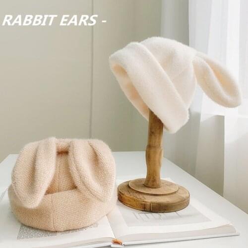2021 fashion cute rabbit ears rabbit fur hat women autumn and winter knitted wool hat winter warm Korean version of Japanese hat