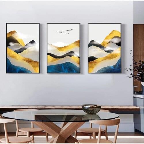 Abstract Golden Mountain Bird Landscap EWall Art Poster Painting Blue Modern Canvas Painting Prints Home Decor