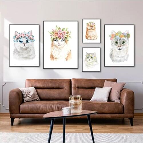 Abstract watercolor animal poster cat puppy wreath cute cartoon children bedroom living room decoration painting decoration