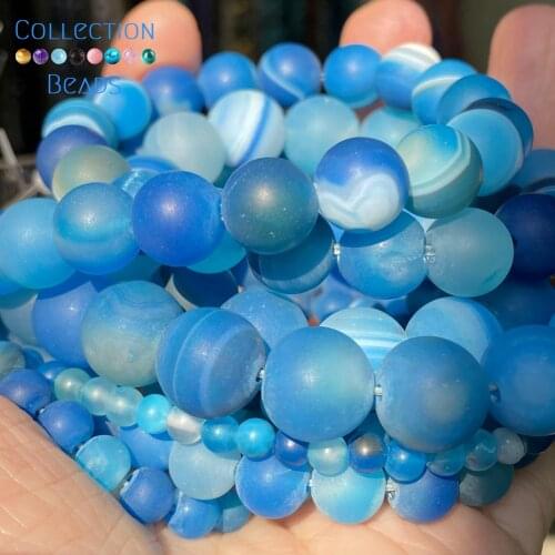 Natural Stone Beads Matte Dull Polished Blue Stripe Agates Round Spacer Beads For Jewelry Making DIY Bracelets Accessories 15
