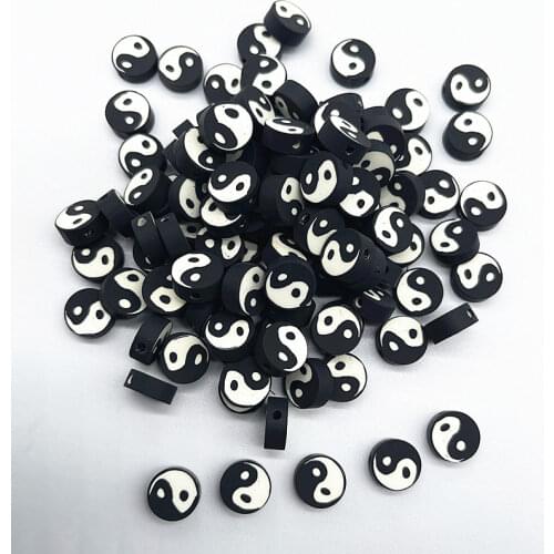 30pcs10mm Black Tai Chi Design Polymer Clay Spacer Loose Beads for Jewelry Making DIY Bracelet Accessories