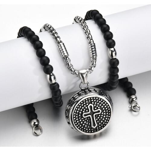 Christian Cross Medal Pendant Necklace Stainless Steel Chain Black Stone Strand Beads Necklaces
