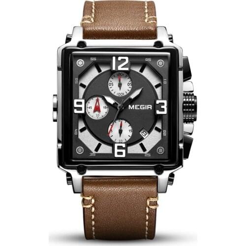 MEGIR Retro Fashion Mens Watch Square Multi-Function Calendar Watches Luxury Leather Business Mens Quartz Wristwatches 2061